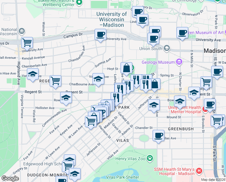 map of restaurants, bars, coffee shops, grocery stores, and more near in Madison