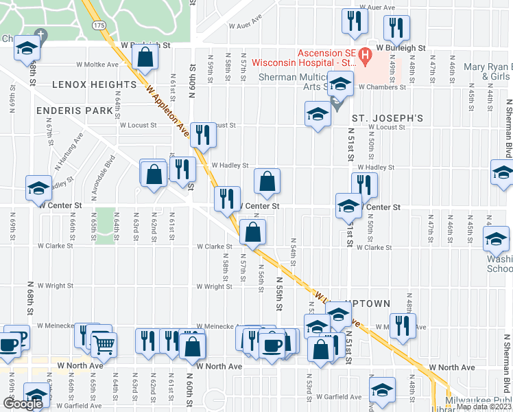 map of restaurants, bars, coffee shops, grocery stores, and more near W Center St & N 56th St in Milwaukee