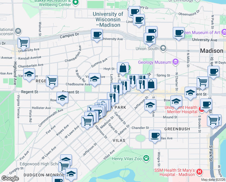 map of restaurants, bars, coffee shops, grocery stores, and more near 1614 Regent Street in Madison