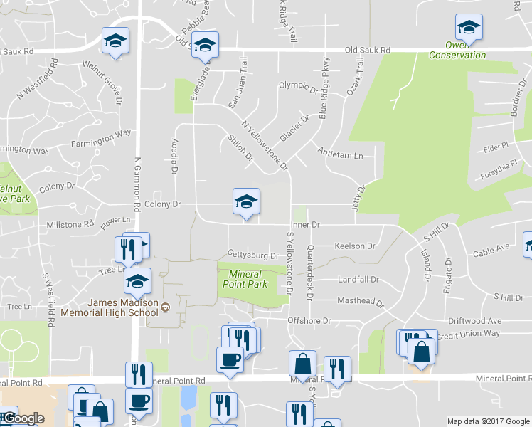 map of restaurants, bars, coffee shops, grocery stores, and more near 6602 Inner Drive in Madison