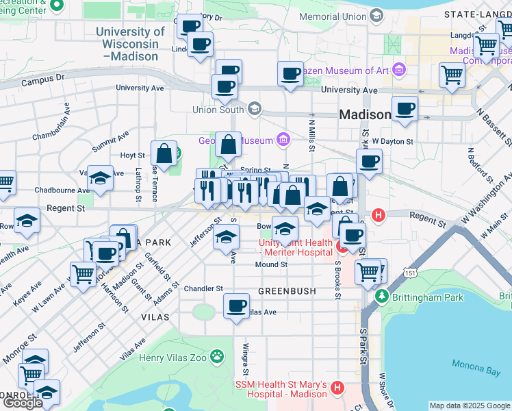map of restaurants, bars, coffee shops, grocery stores, and more near 1308 Regent Street in Madison