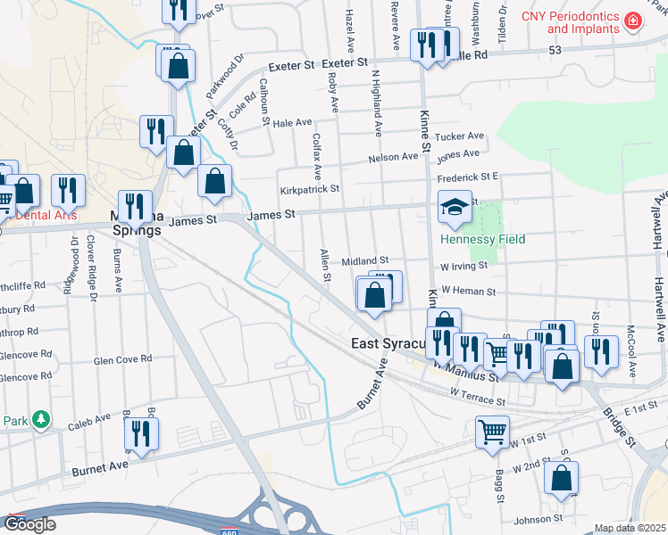 map of restaurants, bars, coffee shops, grocery stores, and more near 112 Allen St in East Syracuse