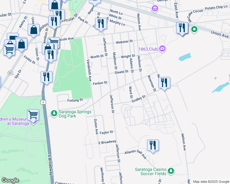 map of restaurants, bars, coffee shops, grocery stores, and more near 112 Crescent Street in Saratoga Springs