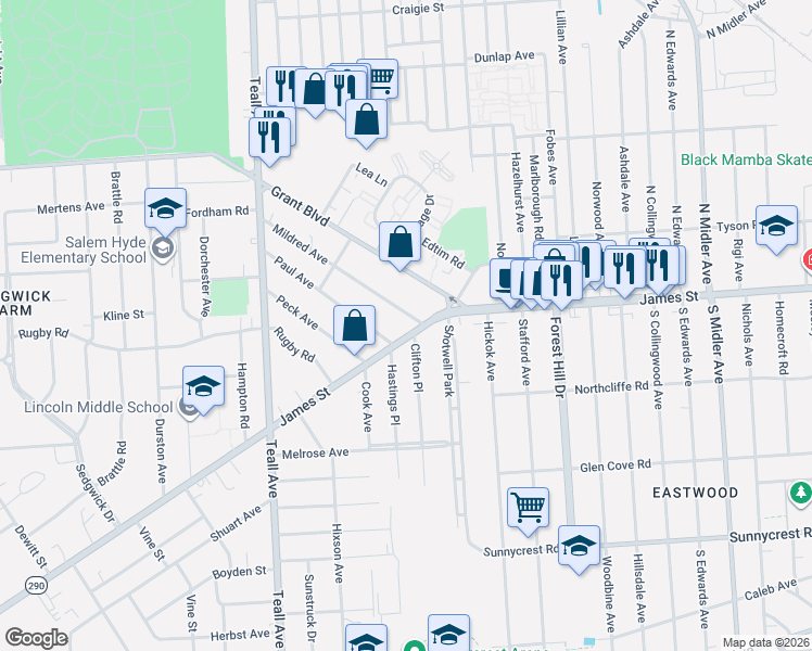 map of restaurants, bars, coffee shops, grocery stores, and more near 2125 James Street in Syracuse