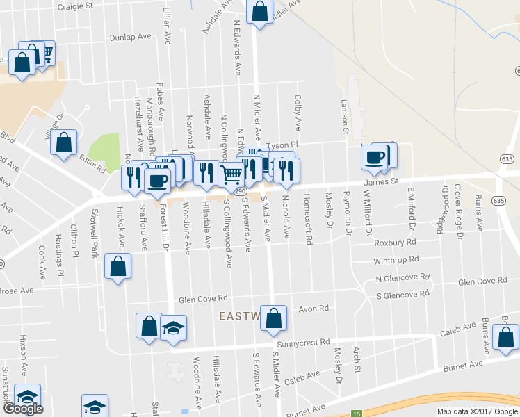 map of restaurants, bars, coffee shops, grocery stores, and more near 124-28 S Midler Ave in Syracuse