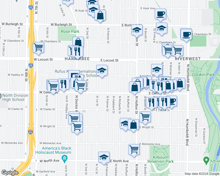 map of restaurants, bars, coffee shops, grocery stores, and more near 2718-2720 North Palmer Street in Milwaukee