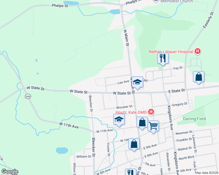 map of restaurants, bars, coffee shops, grocery stores, and more near 31 Lee Avenue in Gloversville