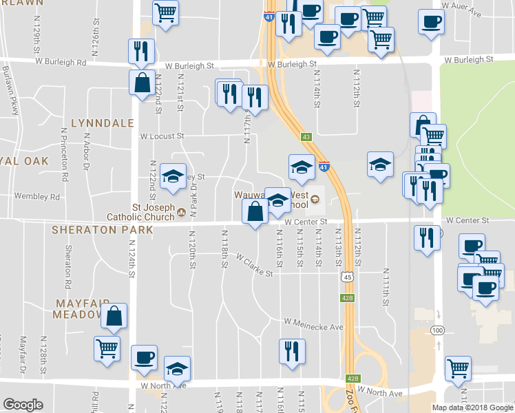 map of restaurants, bars, coffee shops, grocery stores, and more near 2732 Mayfair Court in Wauwatosa