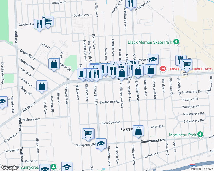 map of restaurants, bars, coffee shops, grocery stores, and more near 118 Woodbine Avenue in Syracuse