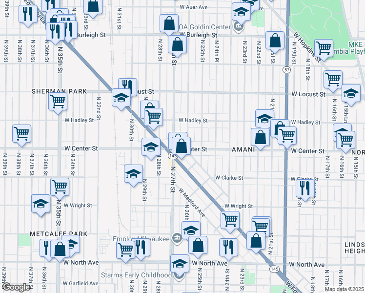 map of restaurants, bars, coffee shops, grocery stores, and more near 2608 West Center Street in Milwaukee