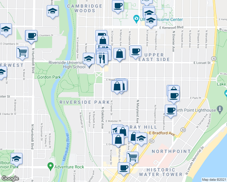 map of restaurants, bars, coffee shops, grocery stores, and more near 2728 North Cramer Street in Milwaukee