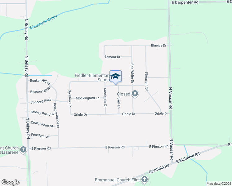 map of restaurants, bars, coffee shops, grocery stores, and more near 4197 Lark Lane in Flint