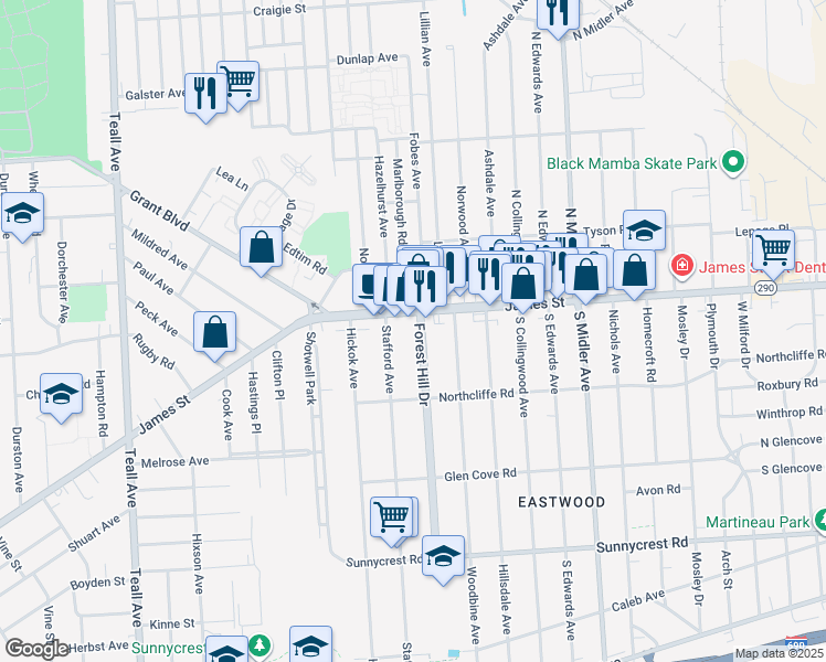 map of restaurants, bars, coffee shops, grocery stores, and more near 116 Forest Hill Drive in Syracuse