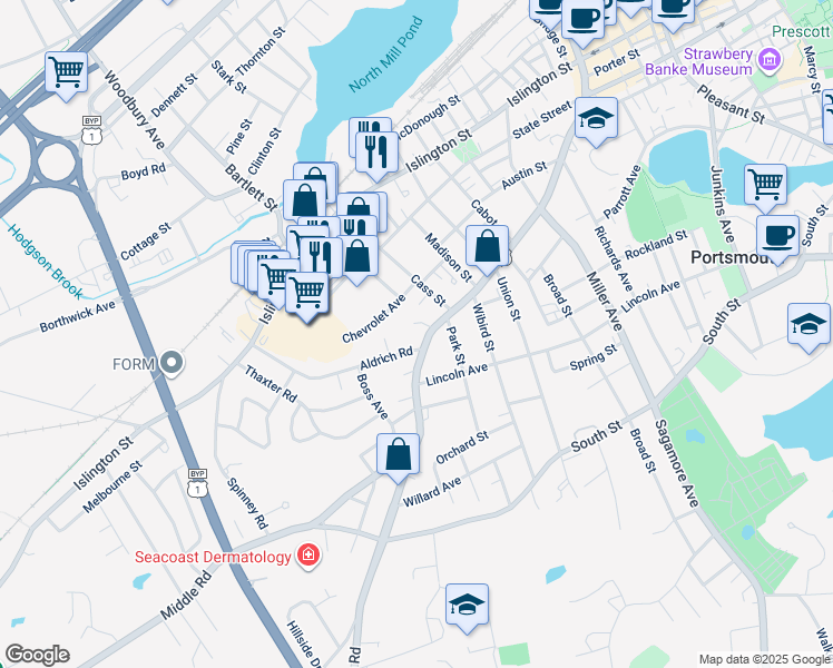 map of restaurants, bars, coffee shops, grocery stores, and more near 678 Middle Street in Portsmouth