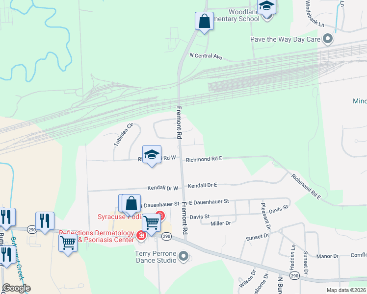map of restaurants, bars, coffee shops, grocery stores, and more near 506 Fremont Road in East Syracuse