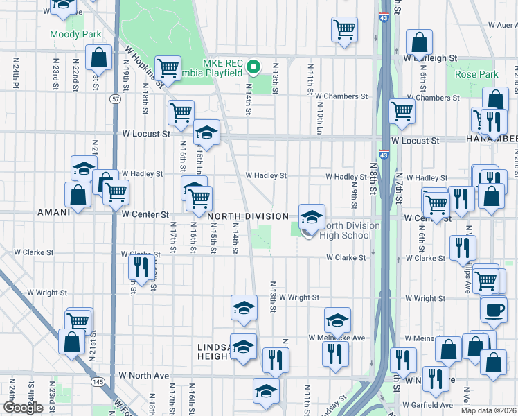 map of restaurants, bars, coffee shops, grocery stores, and more near 1330 West Center Street in Milwaukee