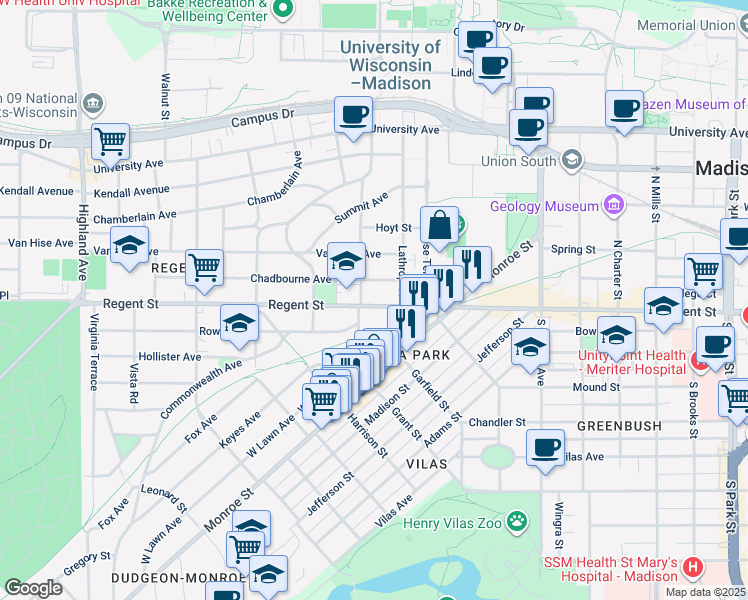 map of restaurants, bars, coffee shops, grocery stores, and more near 1724 Regent Street in Madison