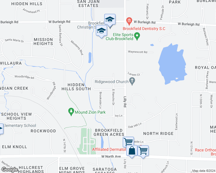 map of restaurants, bars, coffee shops, grocery stores, and more near 14220 Ridgewood Road in Brookfield