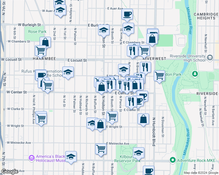 map of restaurants, bars, coffee shops, grocery stores, and more near 2723 North Booth Street in Milwaukee
