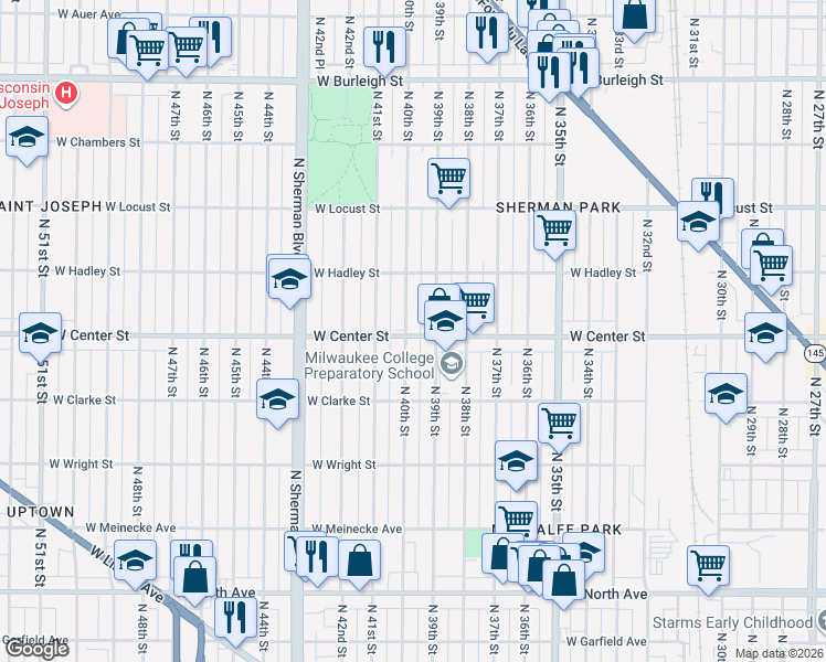 map of restaurants, bars, coffee shops, grocery stores, and more near 2702 North 40th Street in Milwaukee