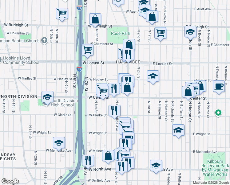 map of restaurants, bars, coffee shops, grocery stores, and more near 2719 North 4th Street in Milwaukee