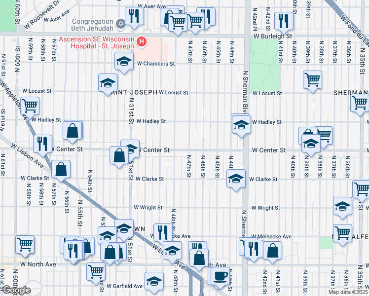 map of restaurants, bars, coffee shops, grocery stores, and more near 4730 West Center Street in Milwaukee