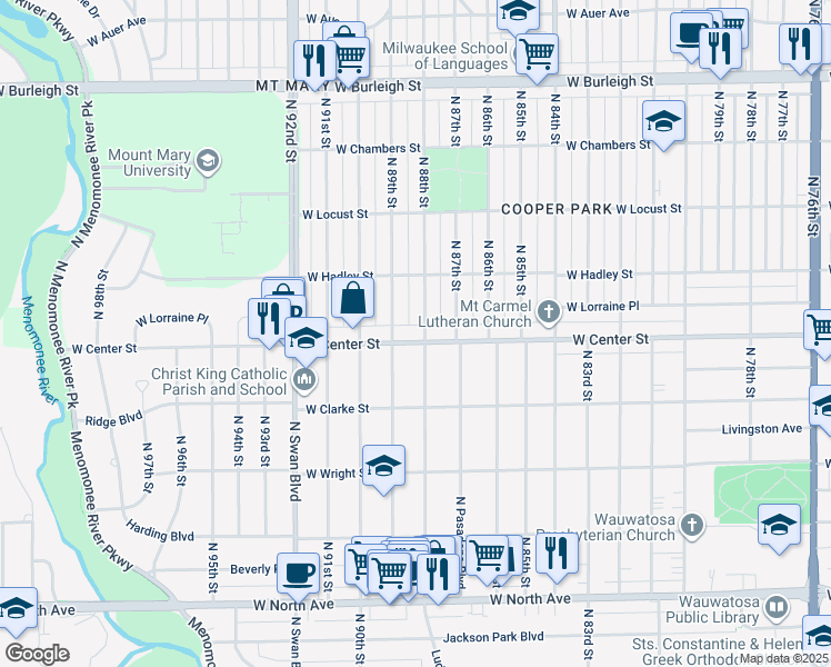 map of restaurants, bars, coffee shops, grocery stores, and more near 8808 West Center Street in Milwaukee