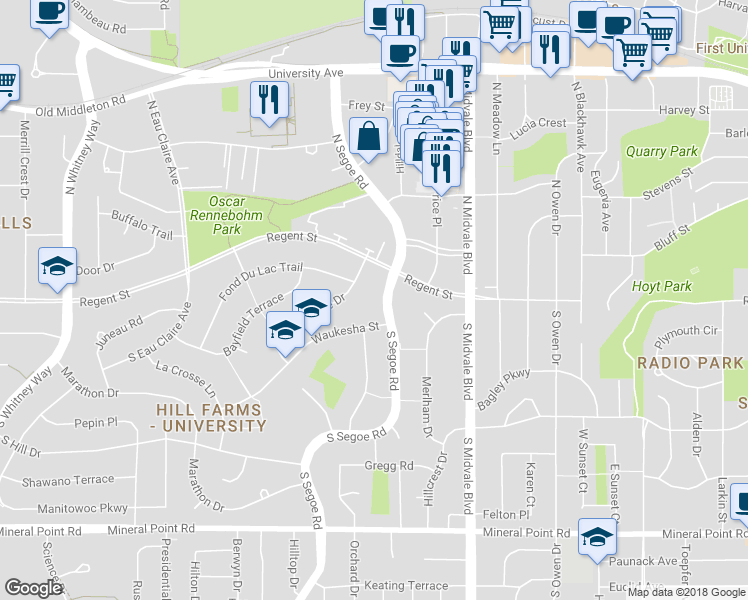 map of restaurants, bars, coffee shops, grocery stores, and more near 14 South Segoe Road in Madison
