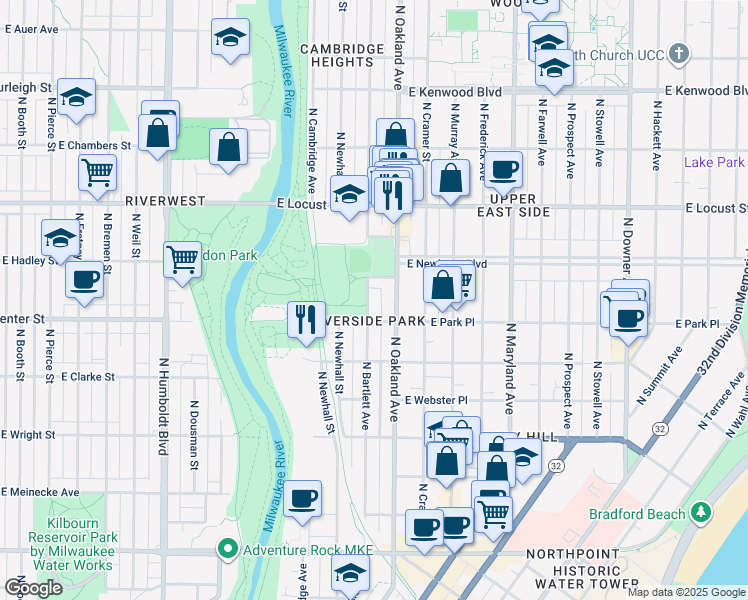 map of restaurants, bars, coffee shops, grocery stores, and more near 2726 North Bartlett Avenue in Milwaukee
