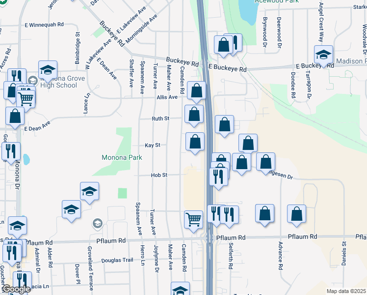 map of restaurants, bars, coffee shops, grocery stores, and more near 5000 Camden Road in Madison