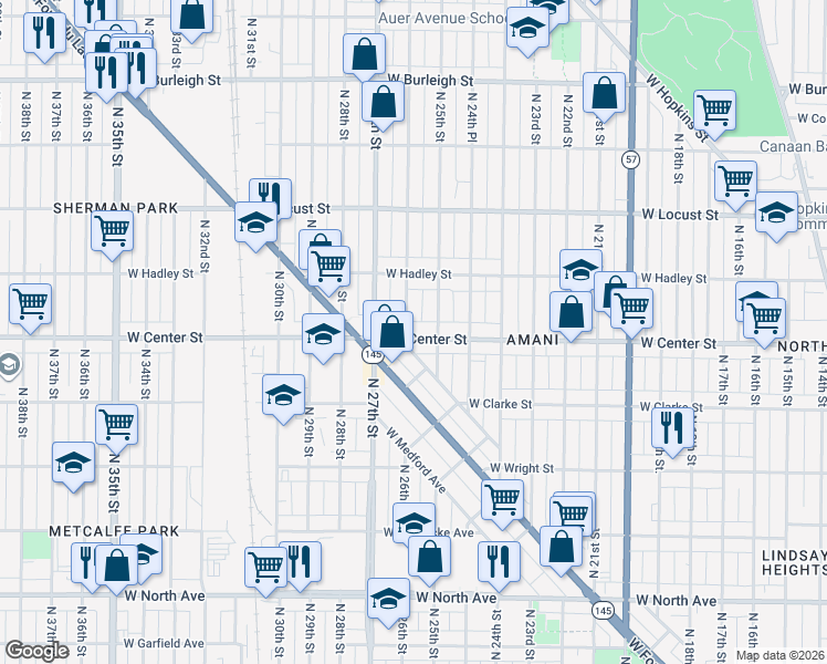map of restaurants, bars, coffee shops, grocery stores, and more near 2608 West Center Street in Milwaukee