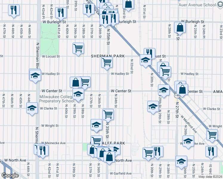 map of restaurants, bars, coffee shops, grocery stores, and more near 3416 West Center Street in Milwaukee
