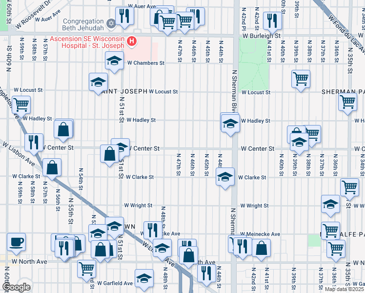 map of restaurants, bars, coffee shops, grocery stores, and more near 4630 West Center Street in Milwaukee