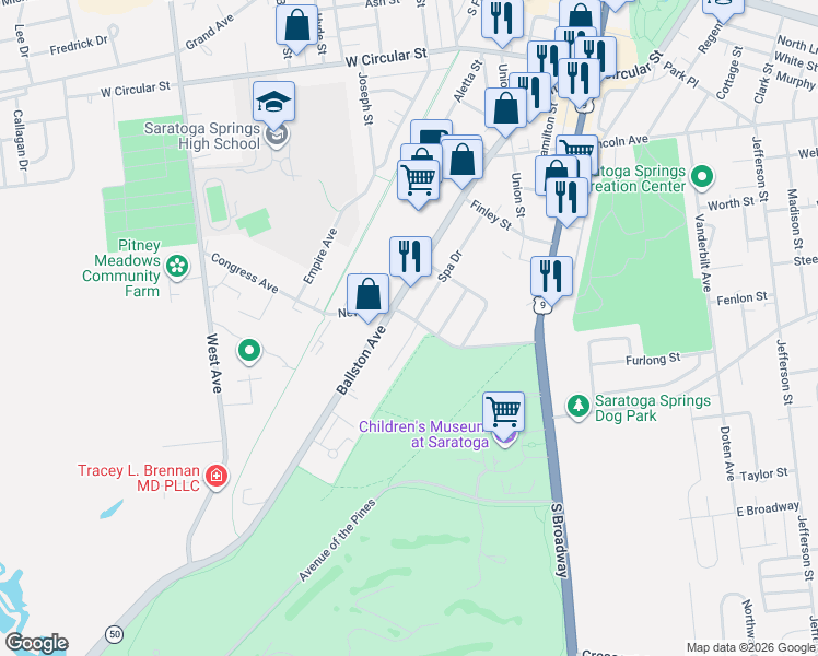 map of restaurants, bars, coffee shops, grocery stores, and more near 1 Spa Circle in Saratoga Springs