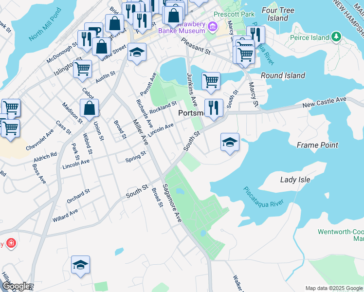 map of restaurants, bars, coffee shops, grocery stores, and more near 206 Elwyn Avenue in Portsmouth