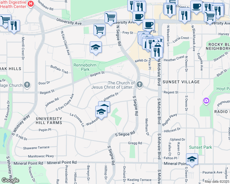 map of restaurants, bars, coffee shops, grocery stores, and more near 4722 Lafayette Drive in Madison