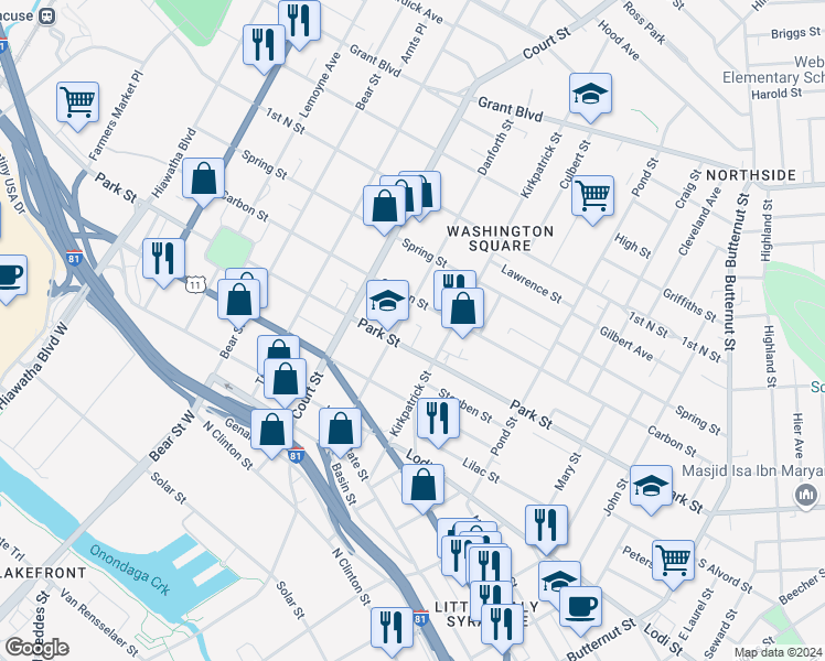 map of restaurants, bars, coffee shops, grocery stores, and more near 1310 Park Street in Syracuse