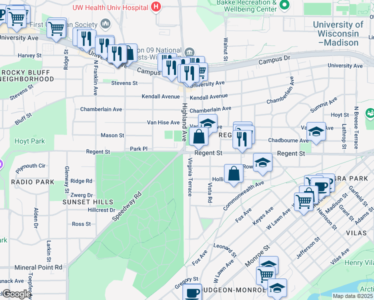 map of restaurants, bars, coffee shops, grocery stores, and more near 2436 Regent Street in Madison