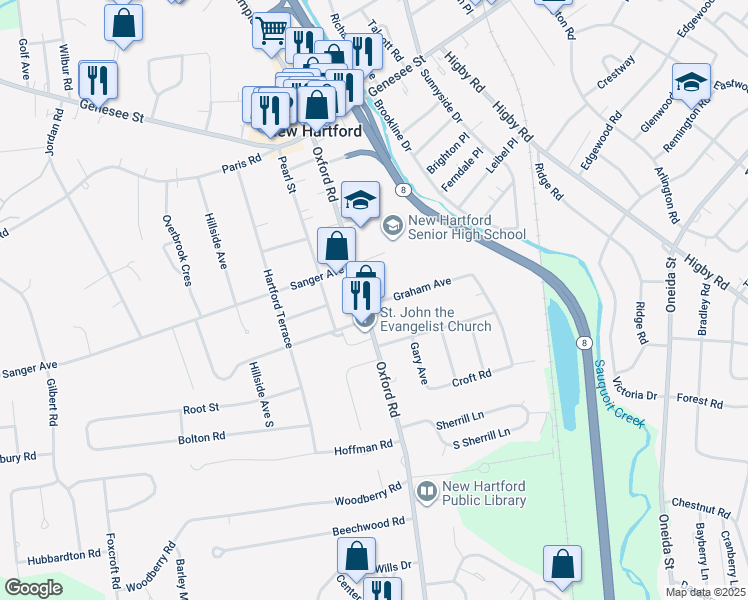 map of restaurants, bars, coffee shops, grocery stores, and more near 59 Oxford Road in New Hartford