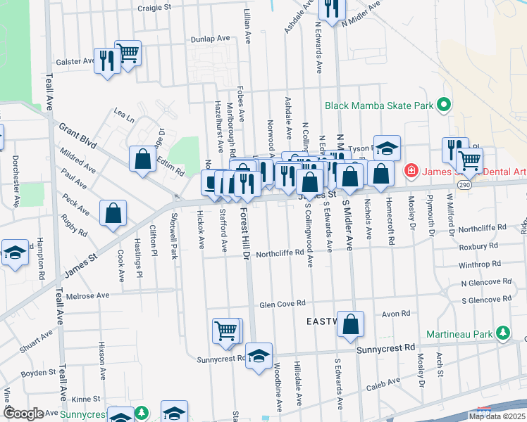 map of restaurants, bars, coffee shops, grocery stores, and more near 118 Woodbine Avenue in Syracuse