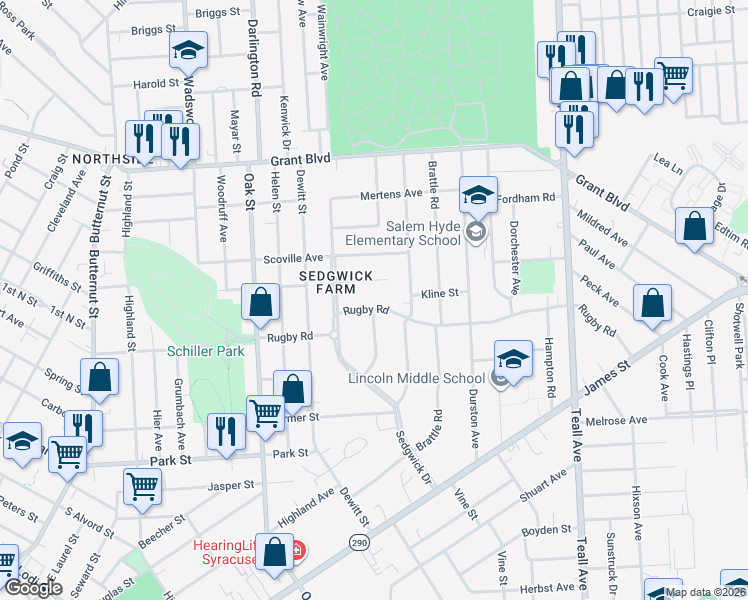 map of restaurants, bars, coffee shops, grocery stores, and more near 618 Rugby Road in Syracuse