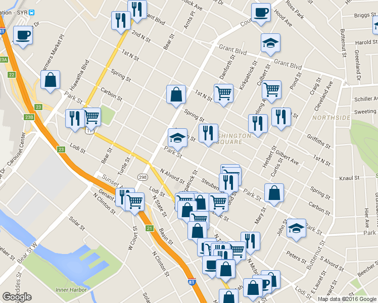 map of restaurants, bars, coffee shops, grocery stores, and more near 509 Kirkpatrick Street in Syracuse