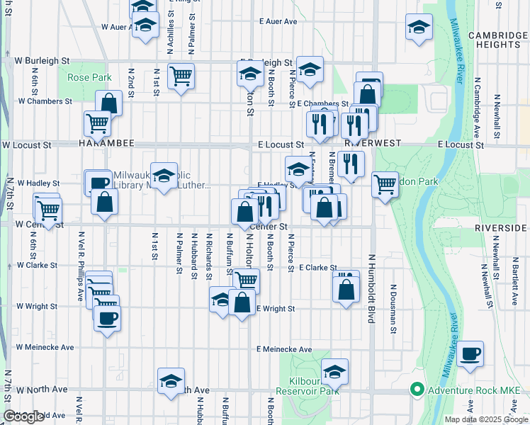 map of restaurants, bars, coffee shops, grocery stores, and more near 2723 North Booth Street in Milwaukee