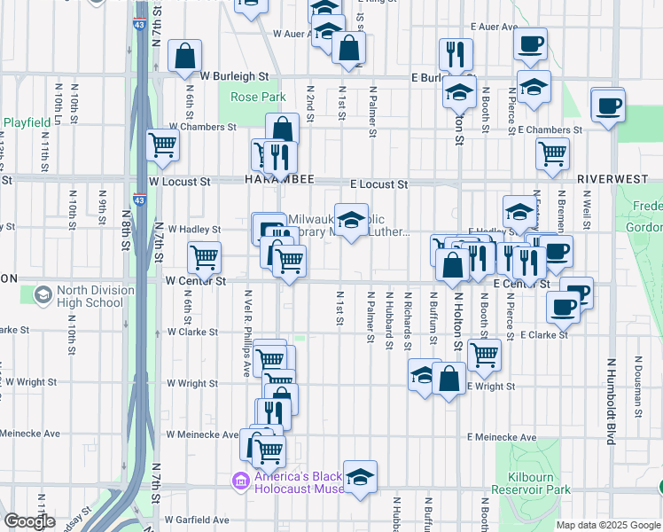 map of restaurants, bars, coffee shops, grocery stores, and more near 2722 North 2nd Street in Milwaukee