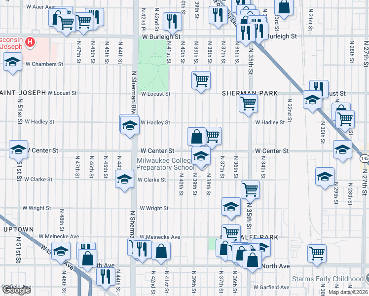 map of restaurants, bars, coffee shops, grocery stores, and more near 2702 North 40th Street in Milwaukee