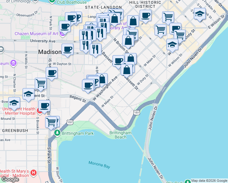 map of restaurants, bars, coffee shops, grocery stores, and more near 551 West Main Street in Madison