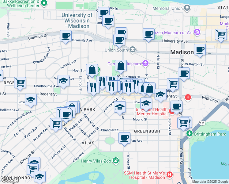map of restaurants, bars, coffee shops, grocery stores, and more near 1402 Regent Street in Madison
