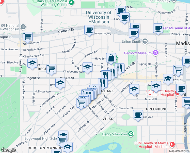 map of restaurants, bars, coffee shops, grocery stores, and more near 1728 Regent Street in Madison