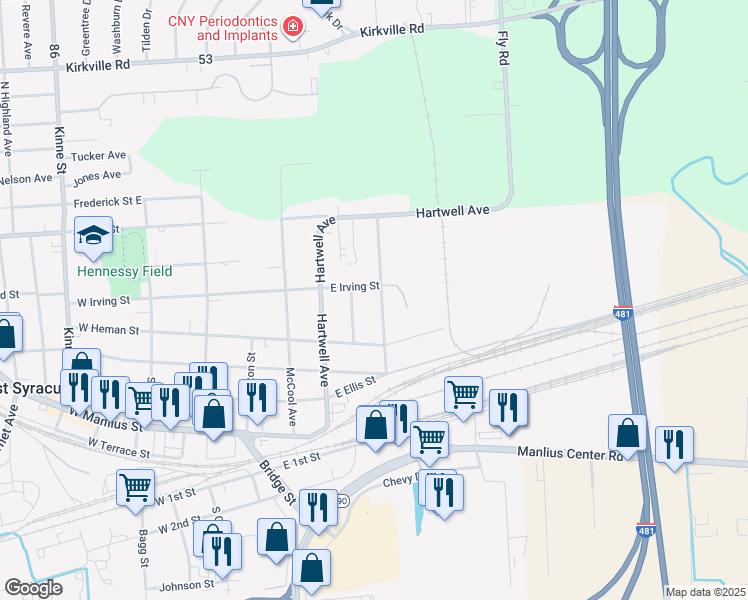 map of restaurants, bars, coffee shops, grocery stores, and more near 219 Dausman Street in East Syracuse