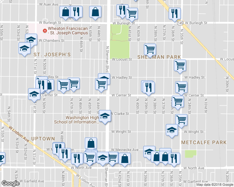 map of restaurants, bars, coffee shops, grocery stores, and more near 2705 North Grant Boulevard in Milwaukee